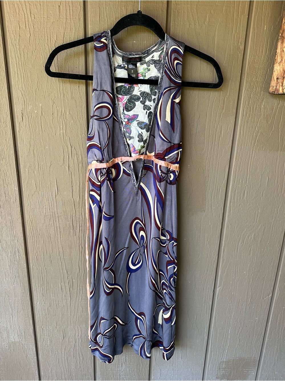 Custo Barcelona gray dress with navy, white and purple swirls with a ribbon tie